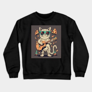 cat playing guitar for pizza Crewneck Sweatshirt